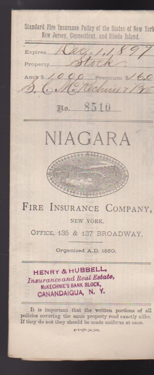 Niagara First Insurance Company 1897 Business Stock Insurance Certificate