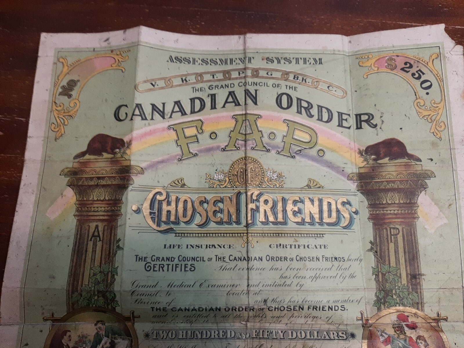Canada 1910s Insurance Certificate.Canadian Order Of Chosen Friends