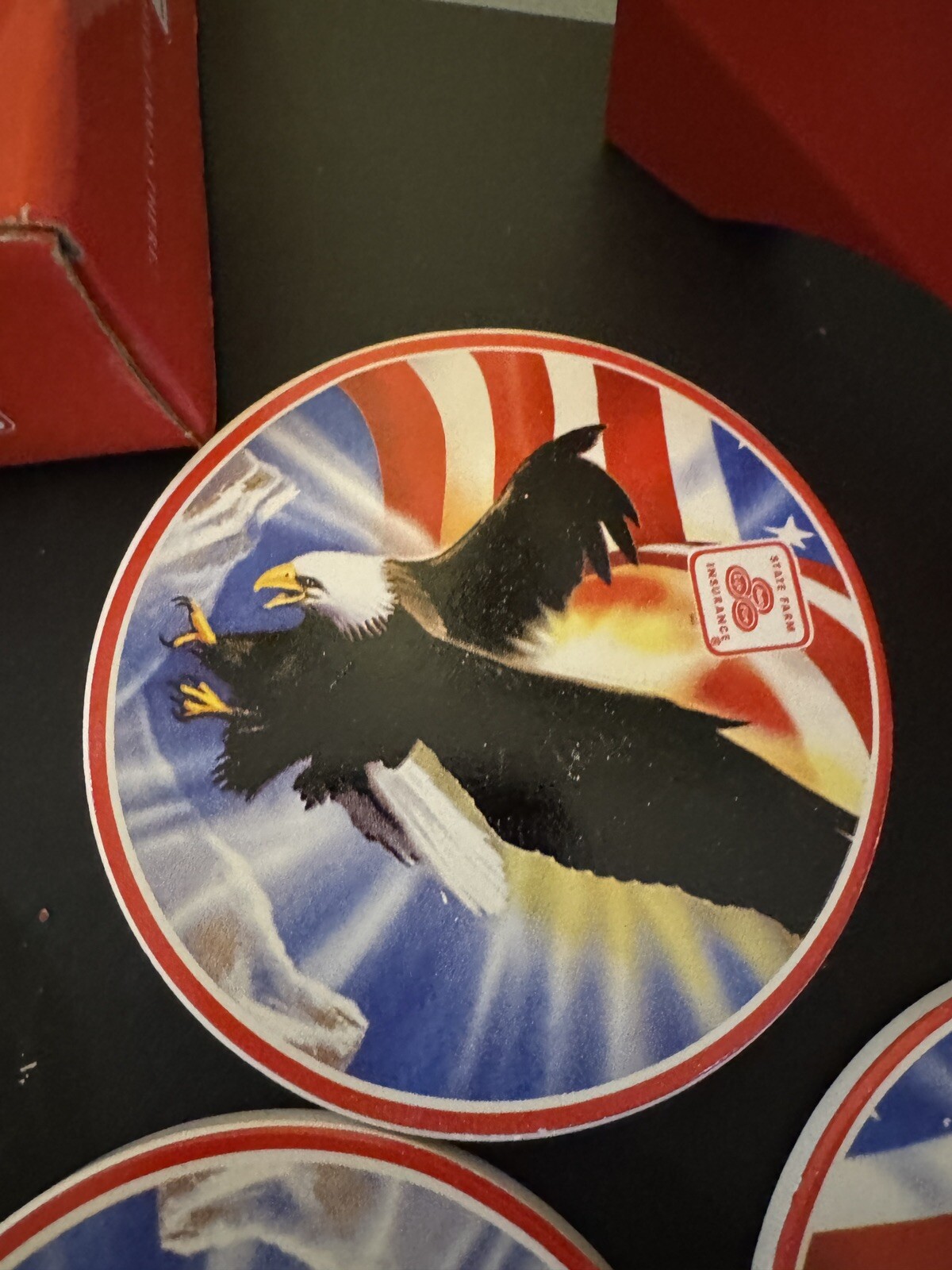 State Farm Insurance CERAMIC Drink Coaster Set Eagle & American Flag – w/Box