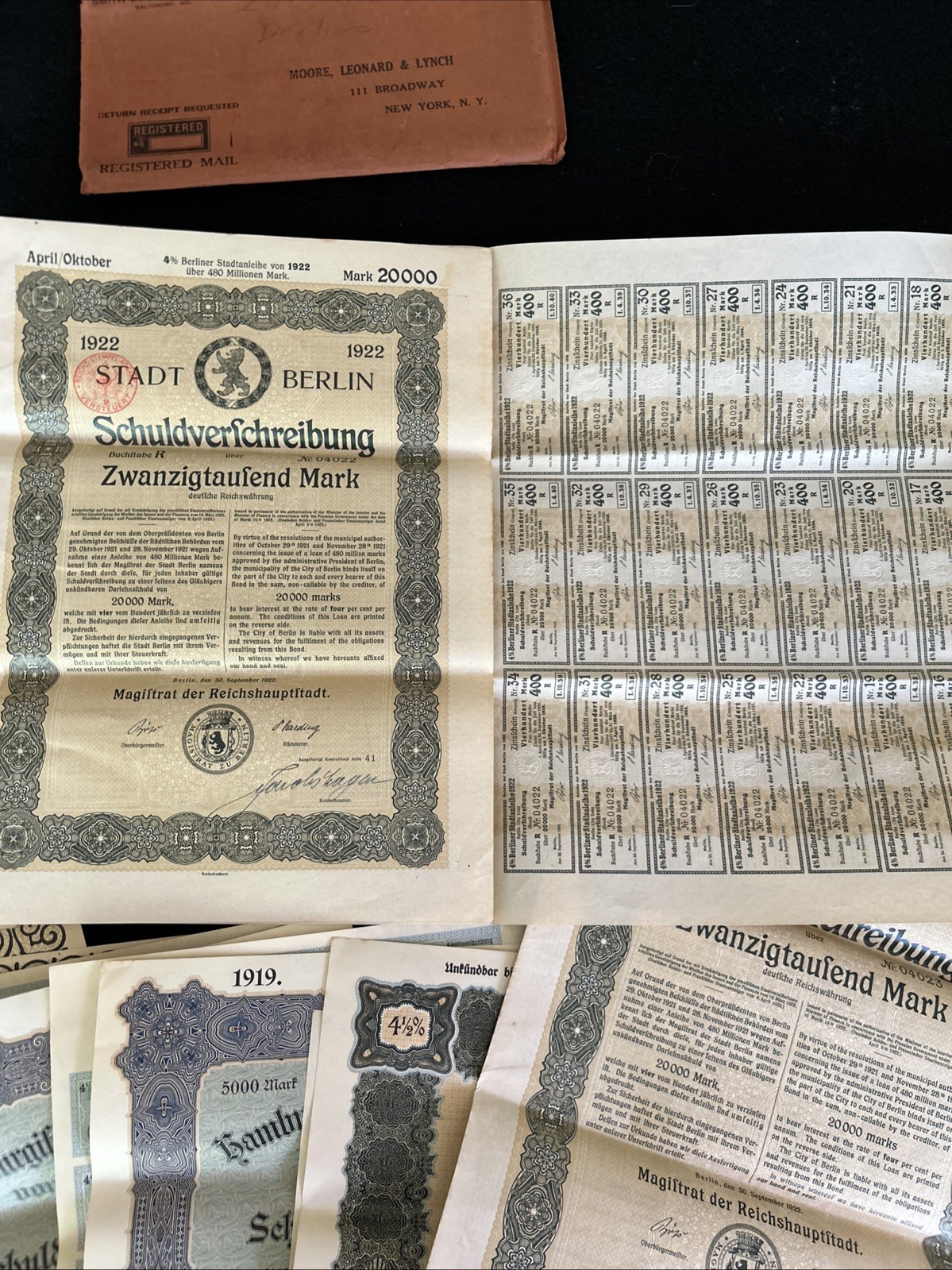 2 Sets Of 5 German War Bonds W Coupons 100,000 – 2,000 Marks 1919-‘26 Original