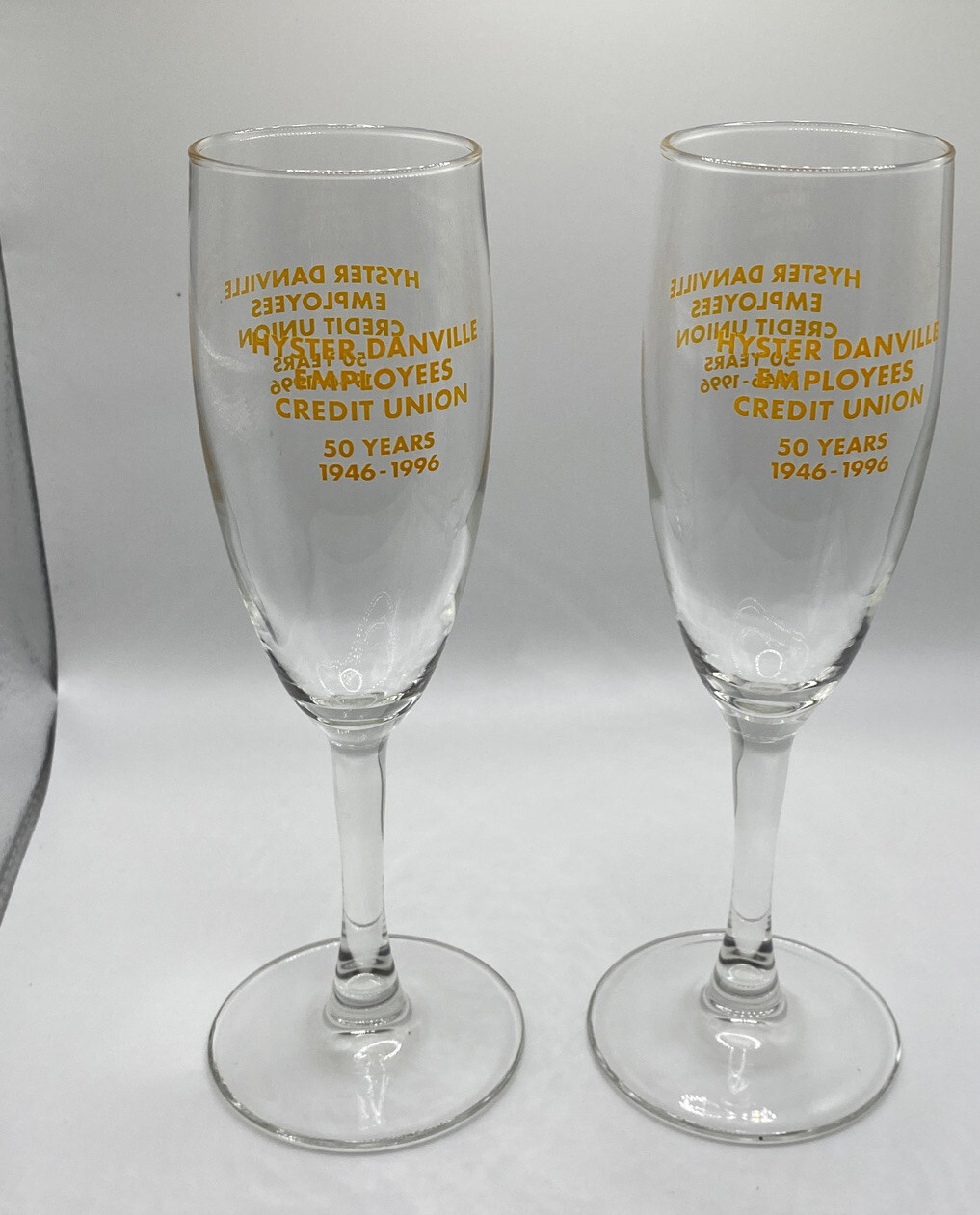 2 Hyster Danville Employees Credit Union 50 Years 1946-1996 Flute Glasses