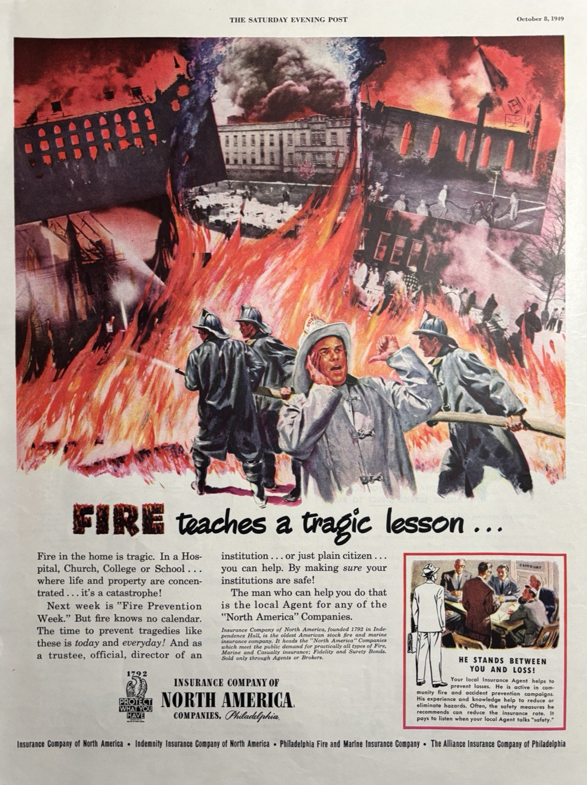 1949 Insurance Companies North America Fire Teaches Tragic Lesson VTG Print Ad