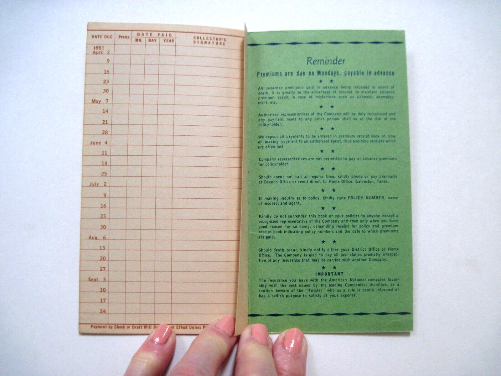 1942 Booklet “American National Insurance Co.” Record of Premium Payments *