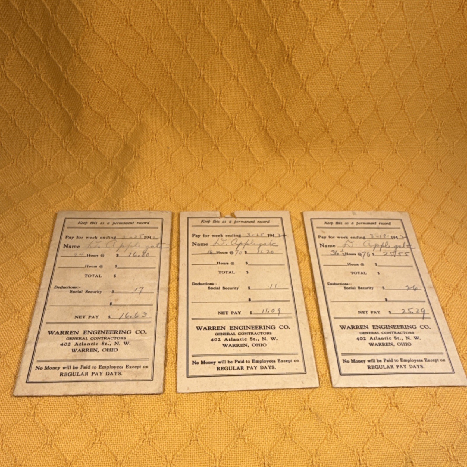 Warren Engineering Co Pay Envelopes Payroll Records 1942 Warren OH Banking