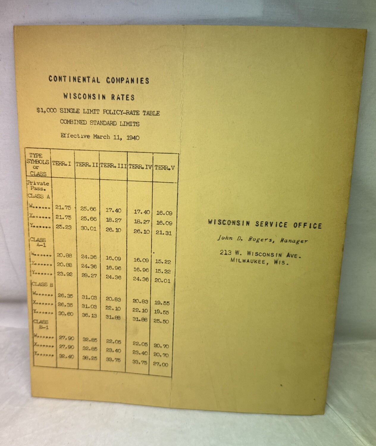 Vintage 1940 Continental Casualty Co Insurance Automobile Rates Milwaukee WI Wis