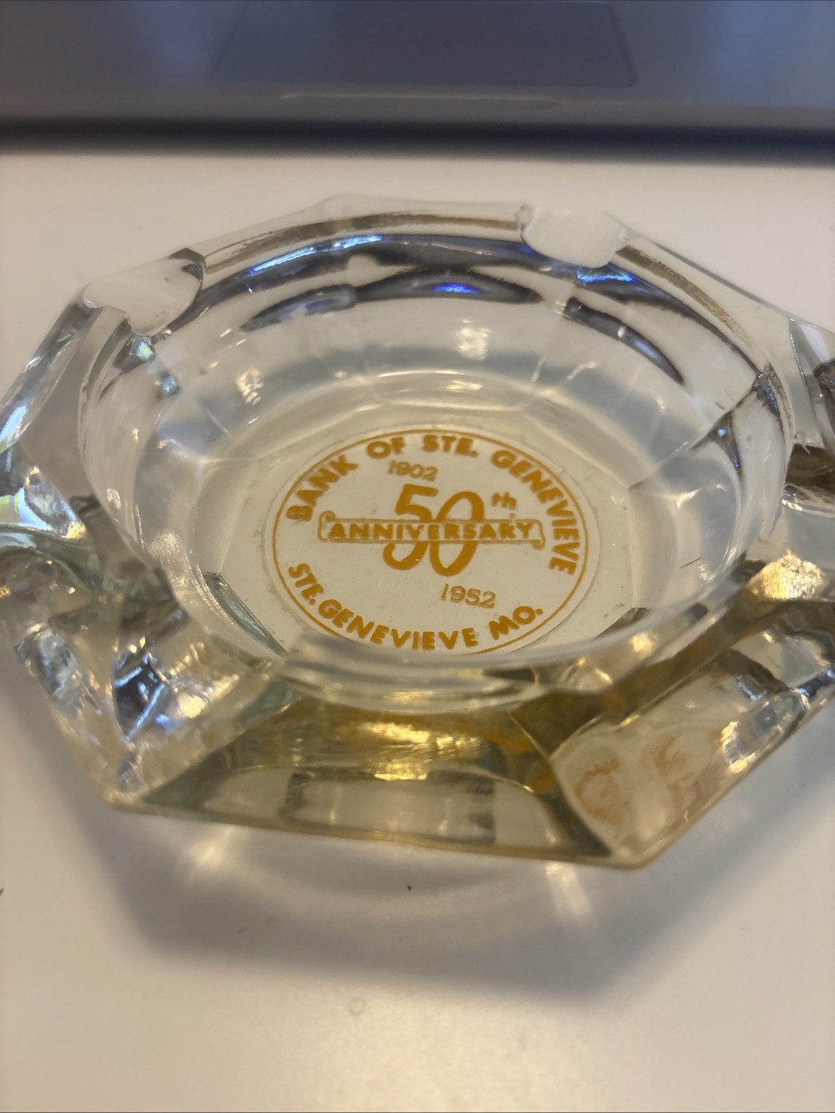 Vintage Glass Ashtray 50th Anniversary 1902-1952 Bank of Ste. Genevieve Missouri