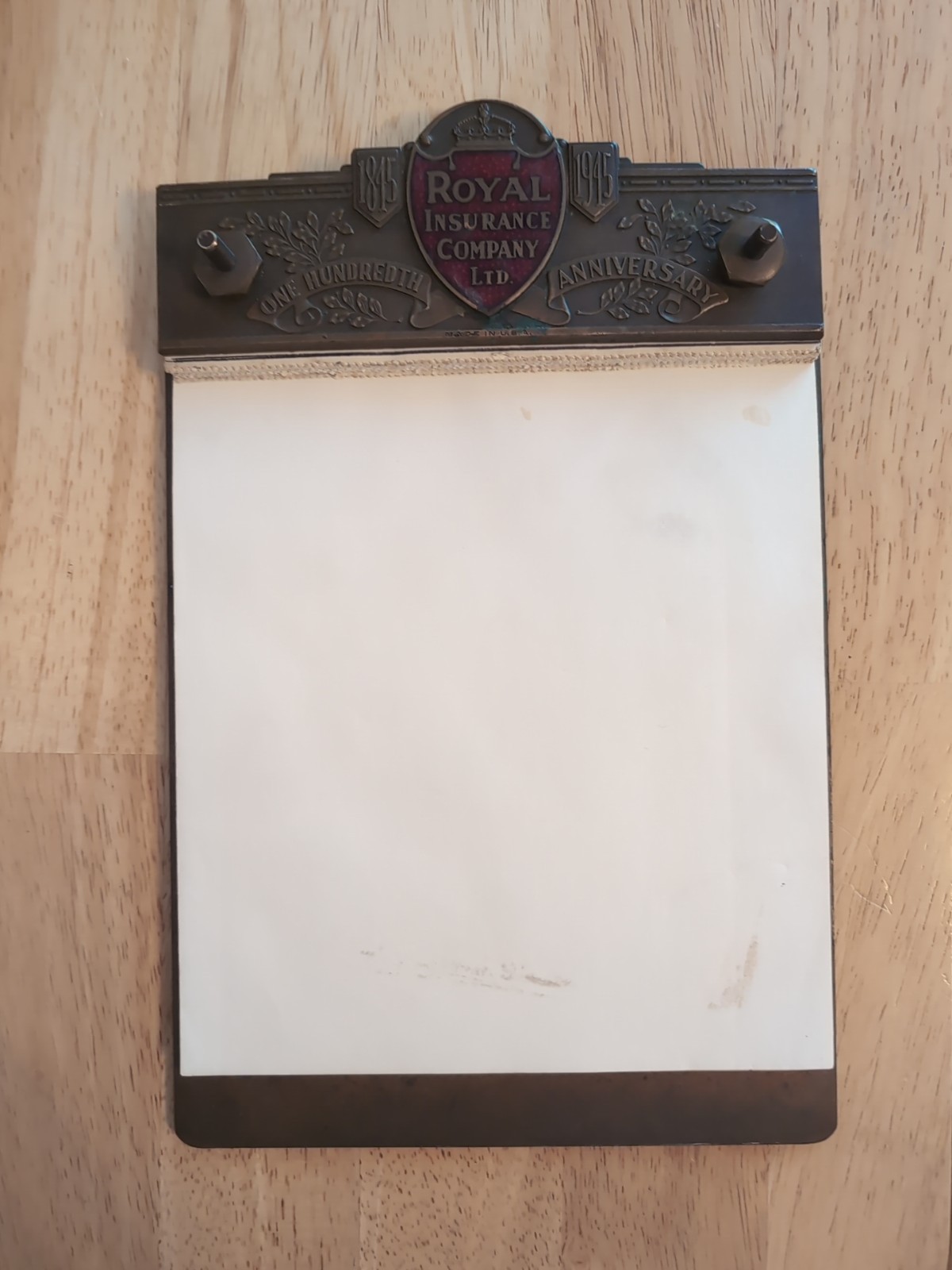 Royal Insurance Office Brass Enamel Memo Pad 1945 100th Anniversary