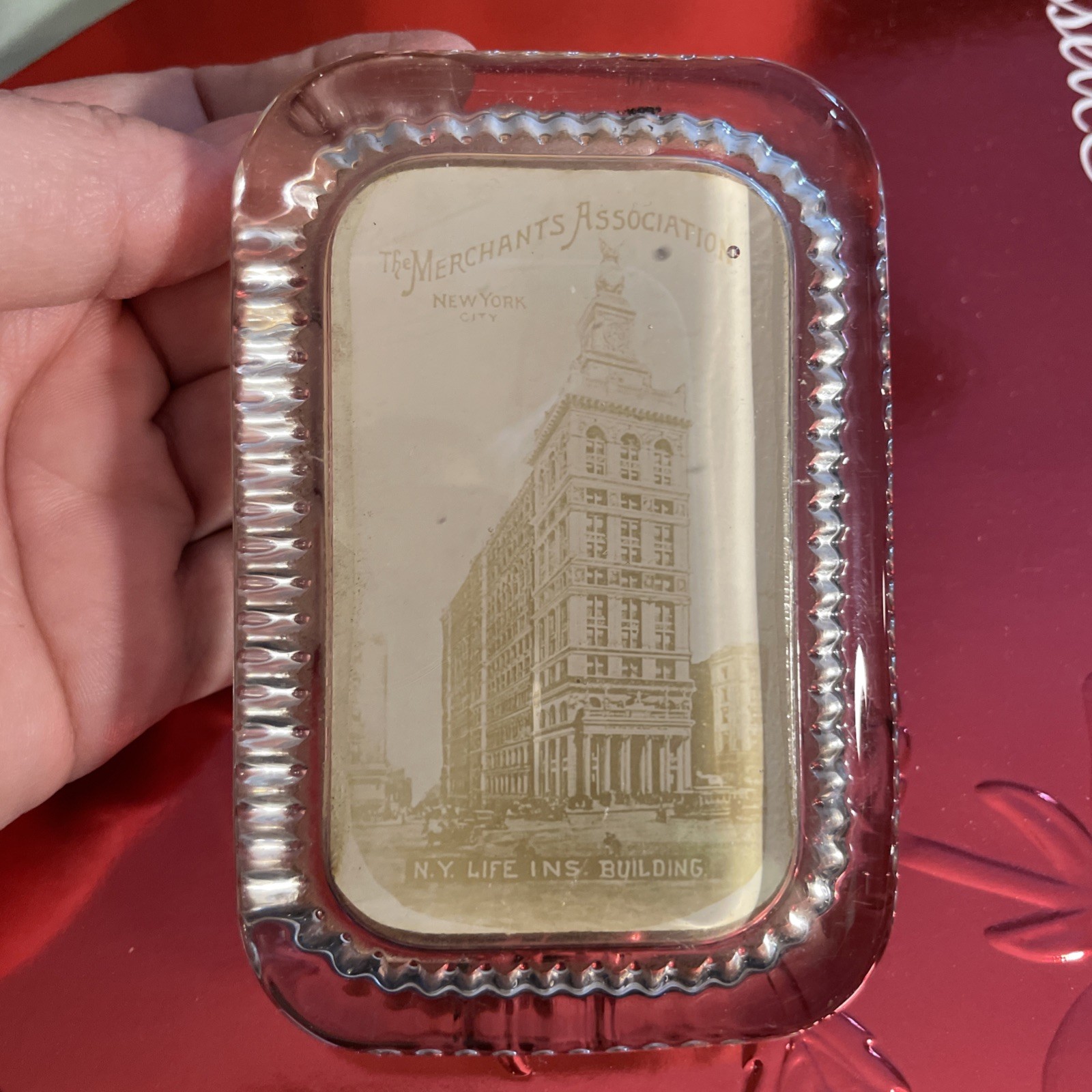 VINTAGE c1890 THE MERCHANTS ASSOCIATION GLASS PAPERWEIGHT NEW YORK Life Ins Bldg