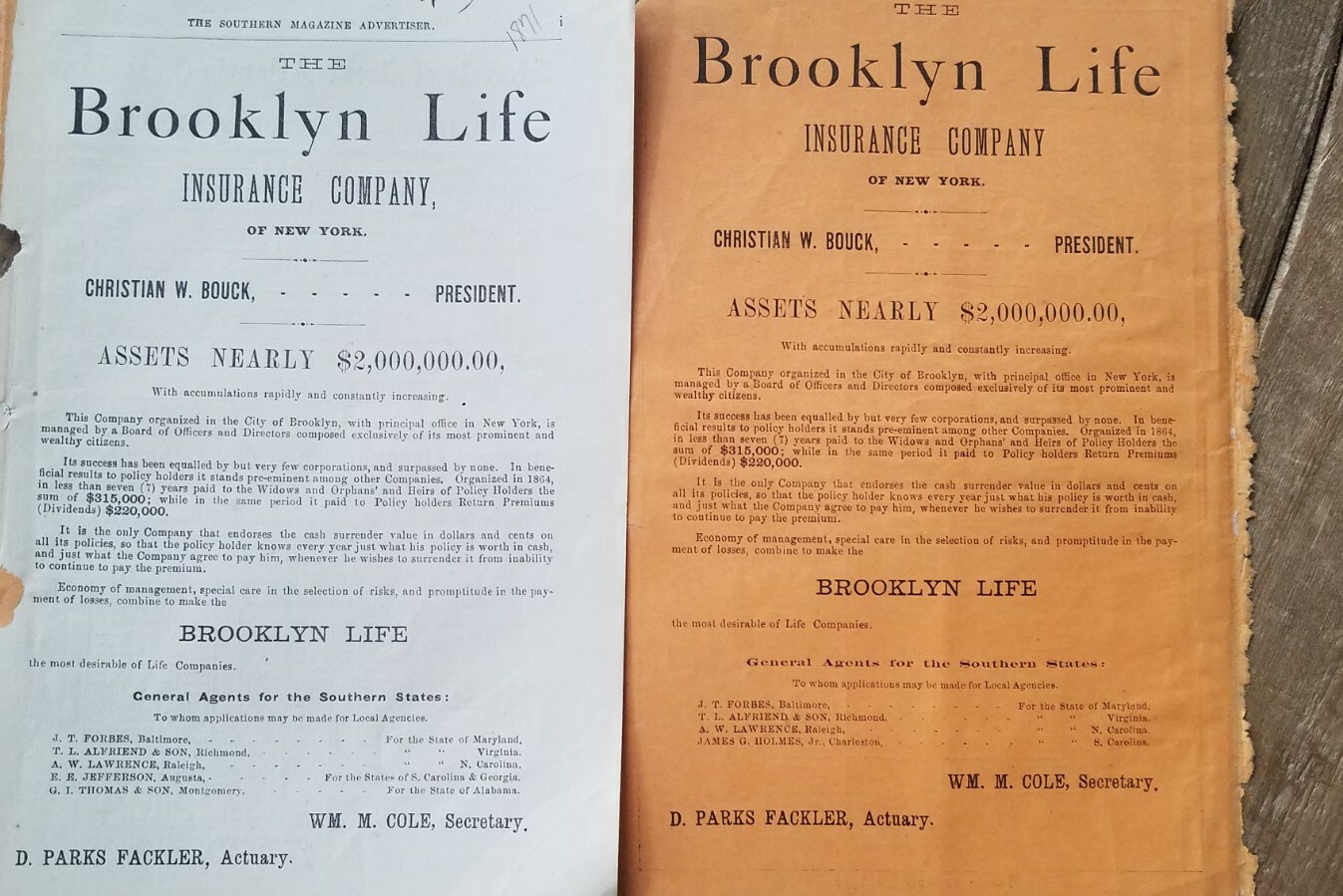 Lot two 1871 Brooklyn Life Insurance Company of NY financial statement ads