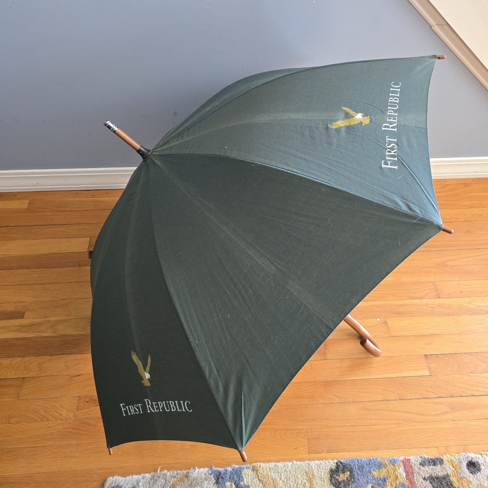 Collectible First Republic Bank Cane Umbrella Wooden Handle 42″ Span