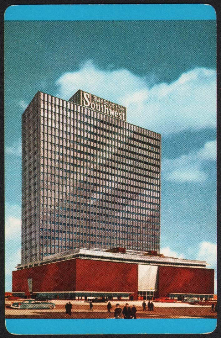 Vintage single playing card BANK OF THE SOUTHWEST blue border building Houston