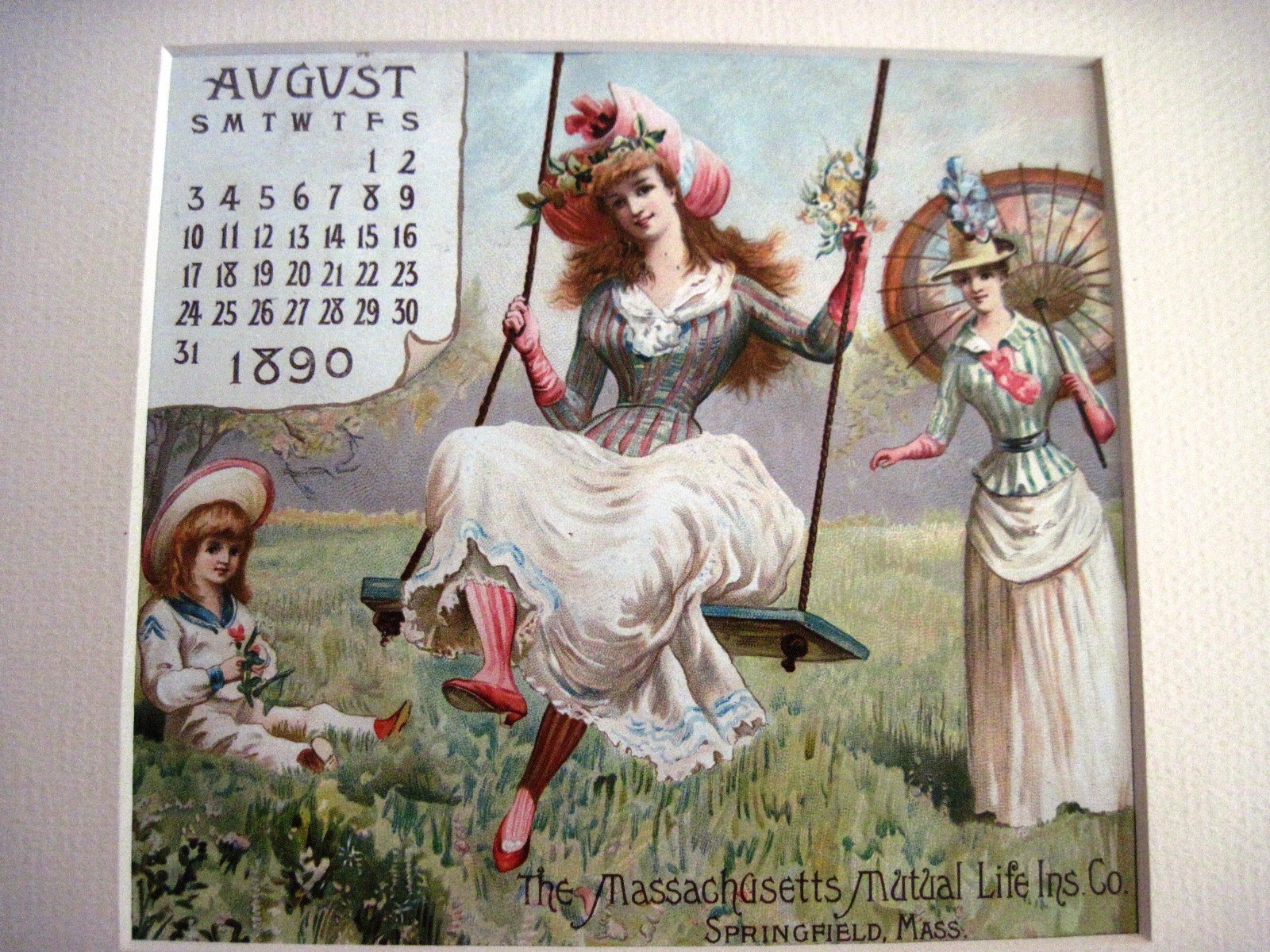 August 1890 Ad Calendar for “Mass. Mutual Life Ins. Co.” Already In Border *
