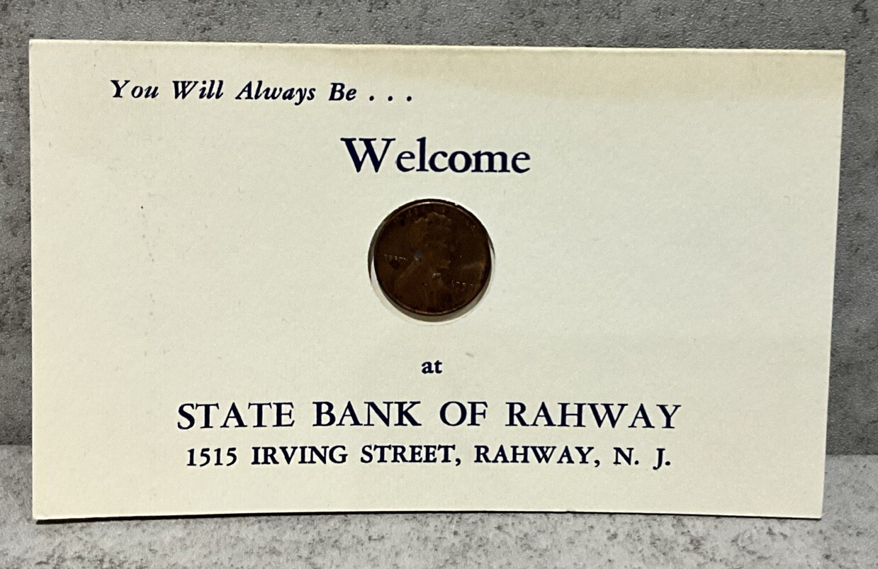 1959 State Bank Of Rahway Welcome Card With Penny