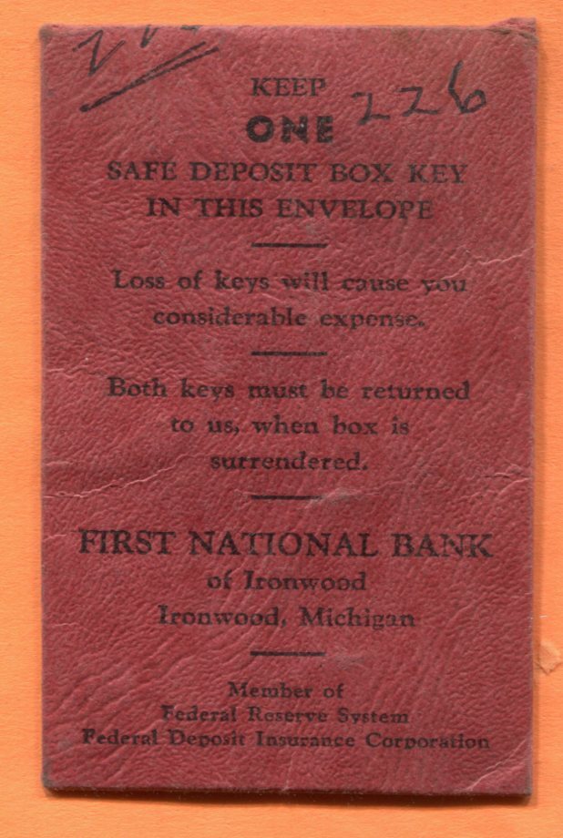 Ironwood, MI, First National Bank Old Safe Deposit Box Key Envelope, no key