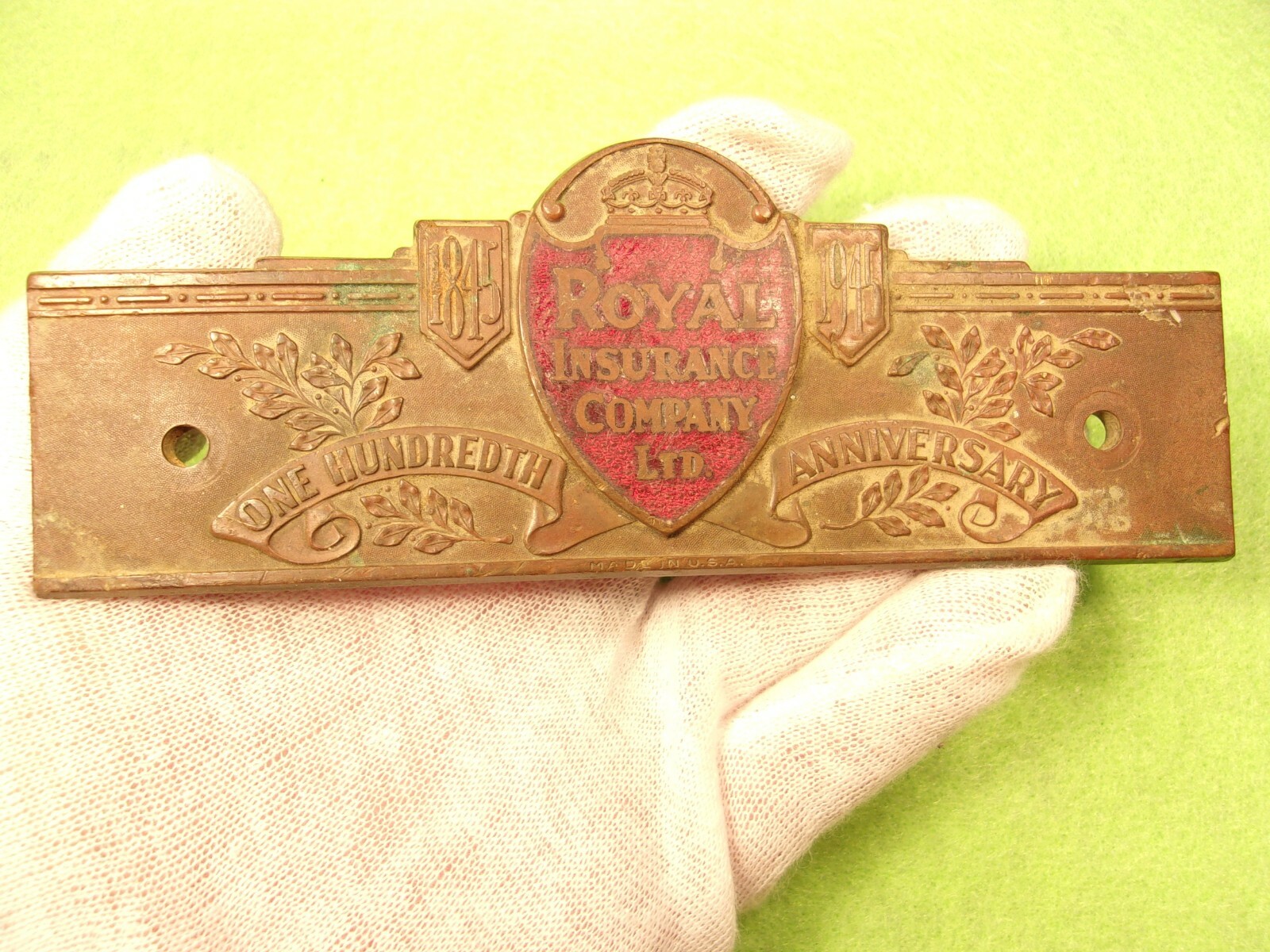 RARE VTG ANTIQUE BRASS 1845-1945 ROYAL INSURANCE Co, LTD 100th Anniv PAPERWEIGHT