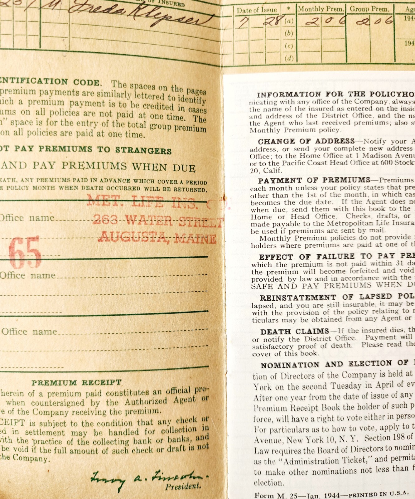 1940s Metropolitan Life Insurance Co Receipt Book Augusta Maine Booklet E85G
