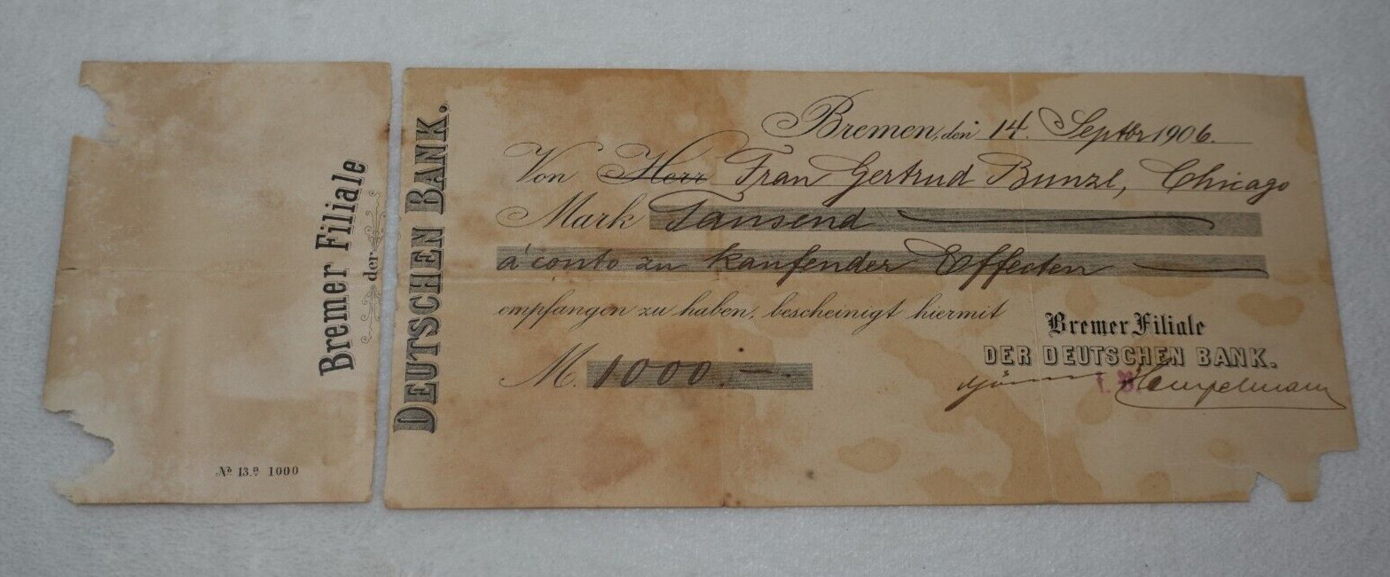The Deutsche Bank Bremen Branch 1906 Germany Bunzl Antique Banking Document