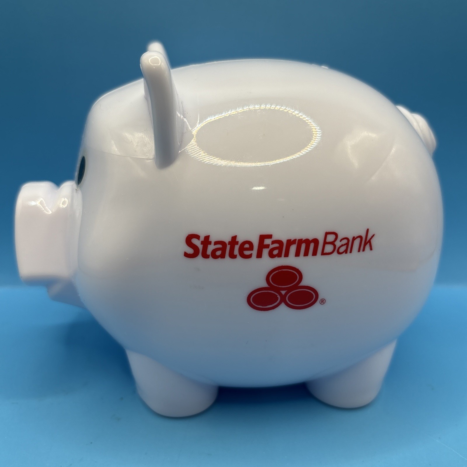 RARE State Farm Bank Gold Bond 4.25″ Tall White Plastic Pig Piggy Bank