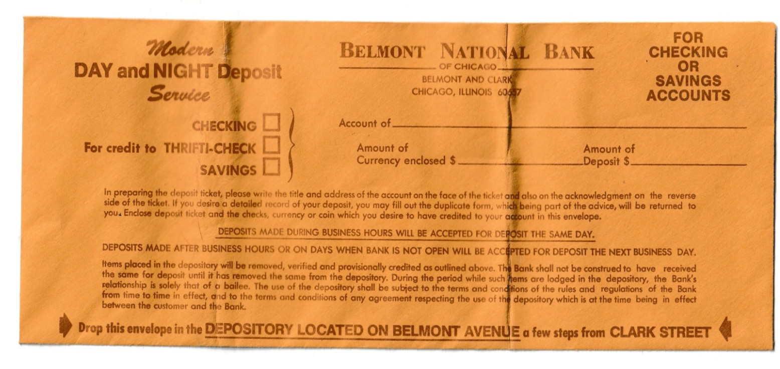BELMONT NATIONAL BANK 2 Vintage Paper Deposit Envelopes Chicago Sealed Empty