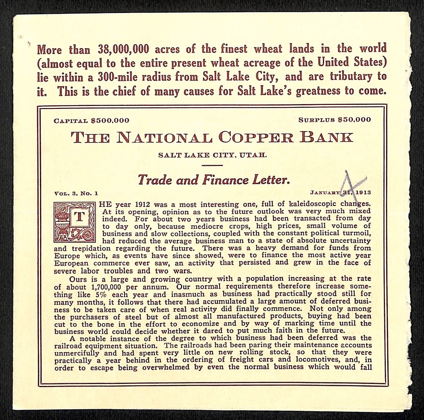 1913 “The National Copper Bank” Salt Lake City, UT “Trade and Finance Letter”
