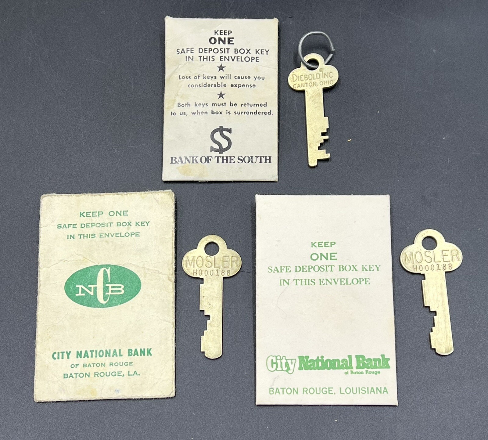 3 VTG Bank Safety Deposit Box Keys In Envelope Louisiana Bank of South City Natl