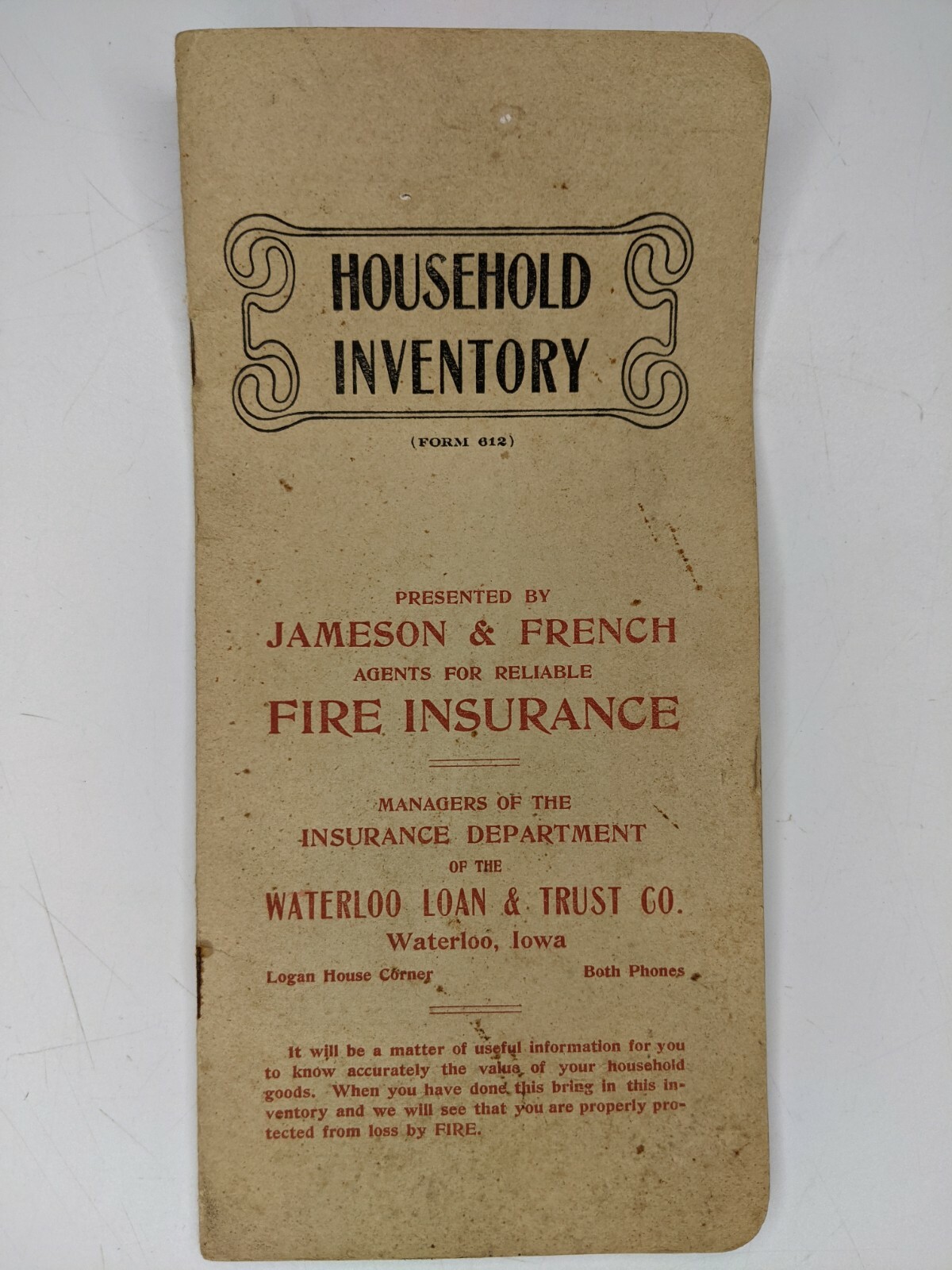 c1900s Waterloo, Iowa Household Inventory Fire Insurance Booklet Loan & Trust 1U