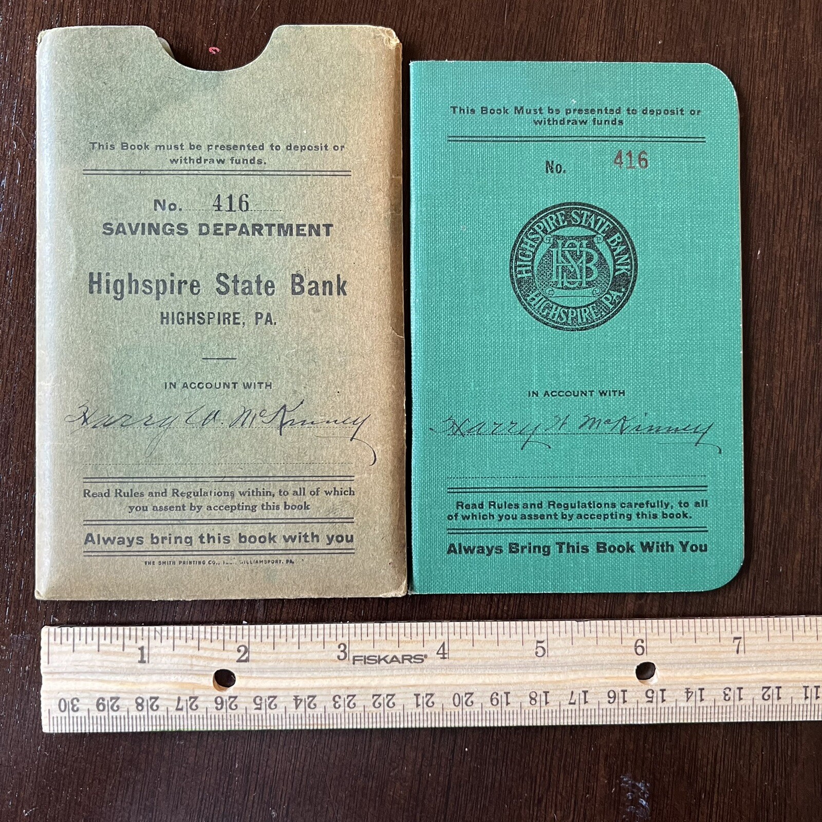 1910’s GREEN HIGHSPIRE STATE BANK LEDGER BOOKLET PENNSYLVANIA WITH SLEEVE