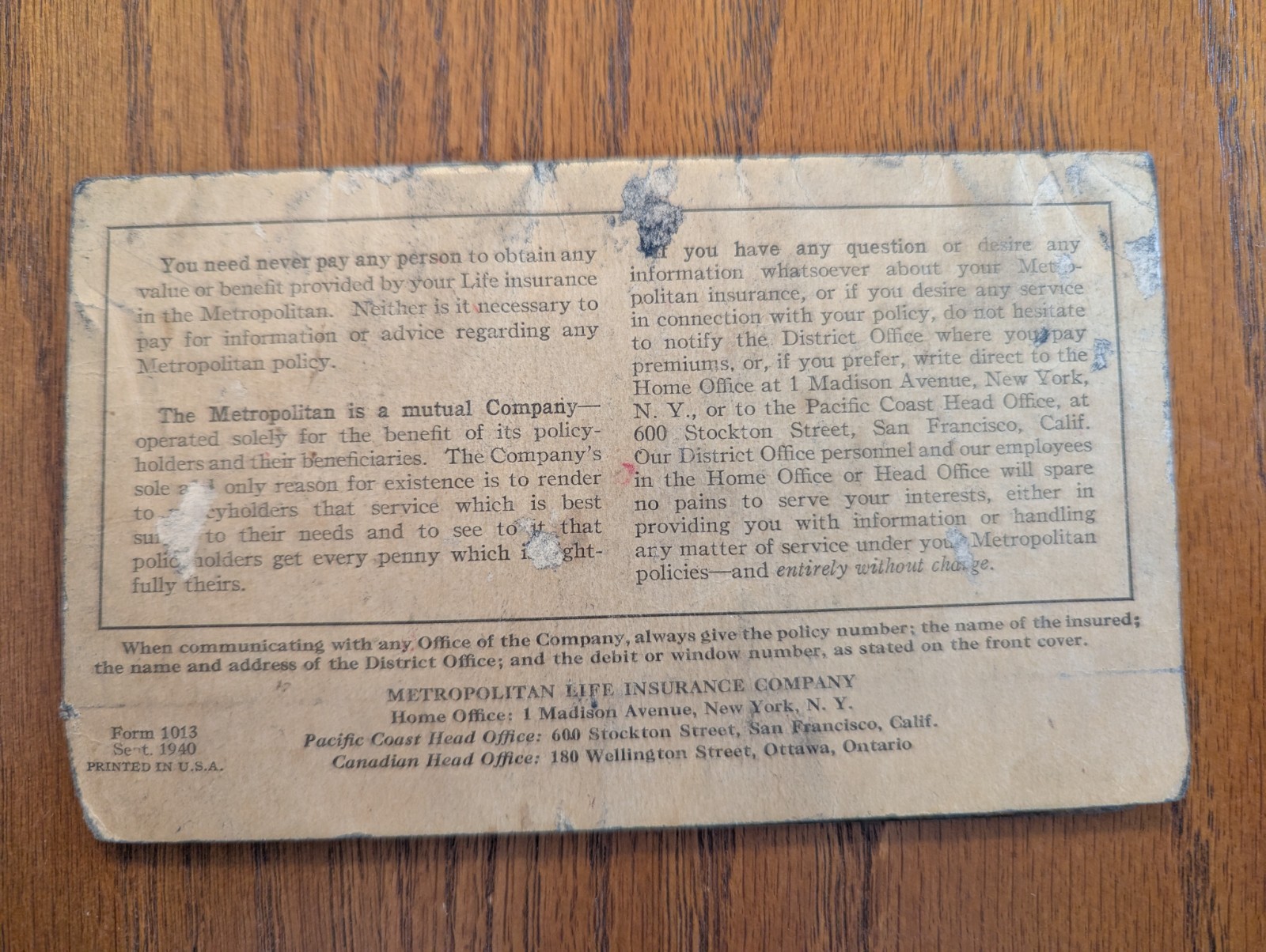 Metropolitan Life Insurance Company – Lot of Papers 1930s to 1940s