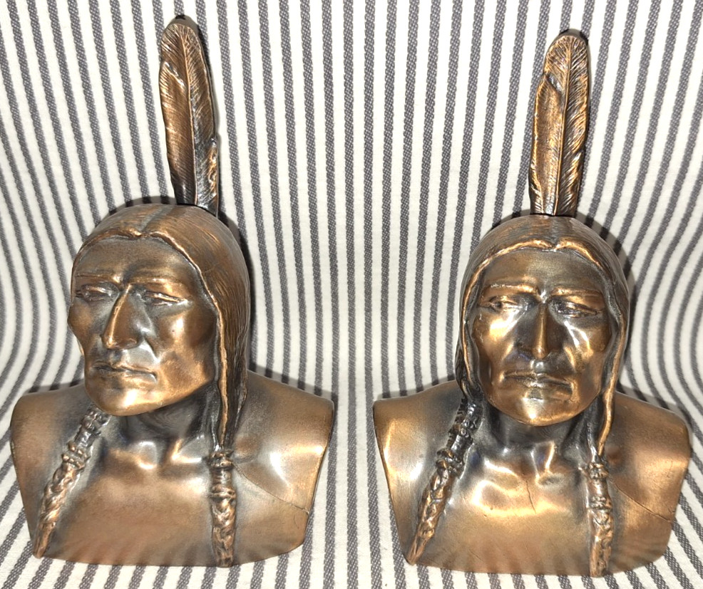 LOT OF 2 SET VTG SHAWMUT BANK OF BOSTON NATIVE AMERICAN INDIAN BOOKENDS BANKS
