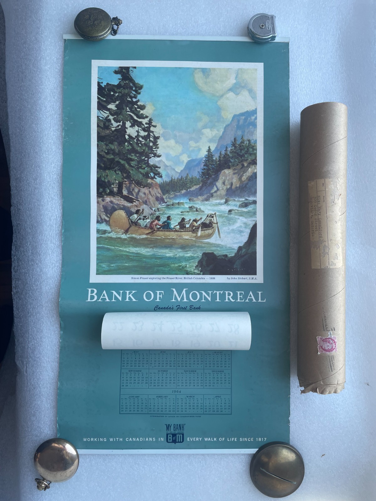 NOS 1963 BANK OF MONTREAL CALENDAR TUBE CANADA FRASER RIVER PAINTING J STOBART