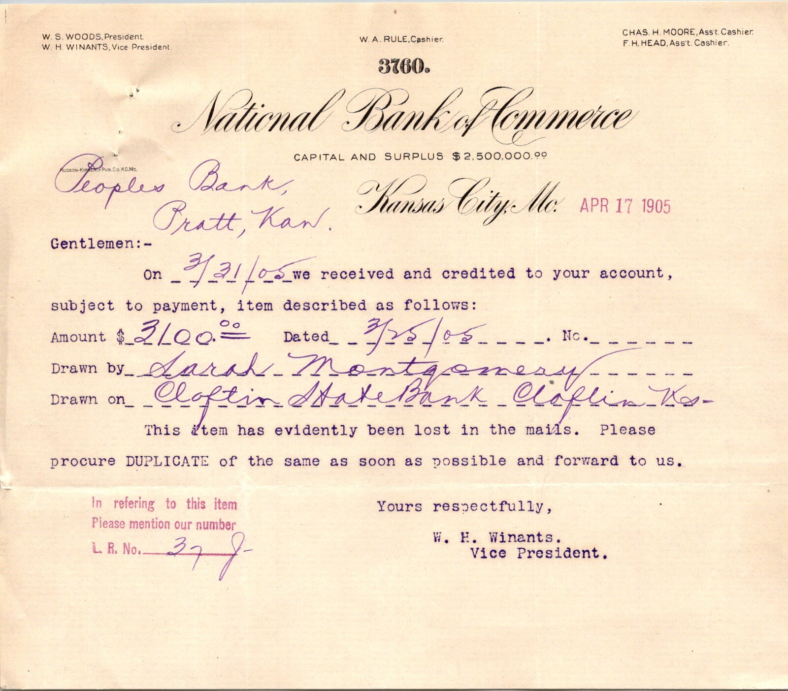 1905 NATIONAL BANK OF COMMERCE LETTER TO PEOPLES BANK PRATT KANSAS CITY MO AC186