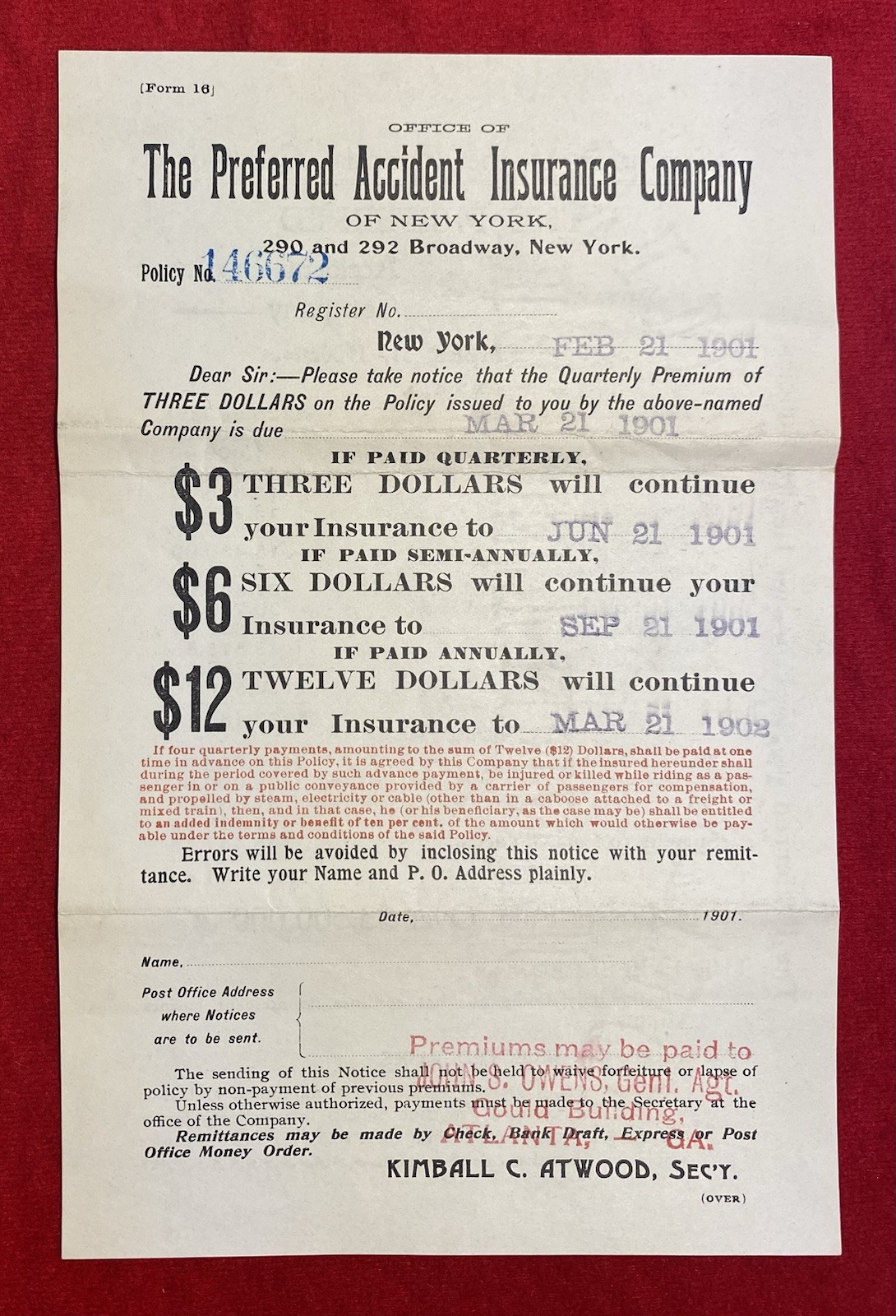 1901 **THE PREFERRED ACCIDENT INSURANCE CO.** BROADWAY, NEW YORK POLICY NOTICE!