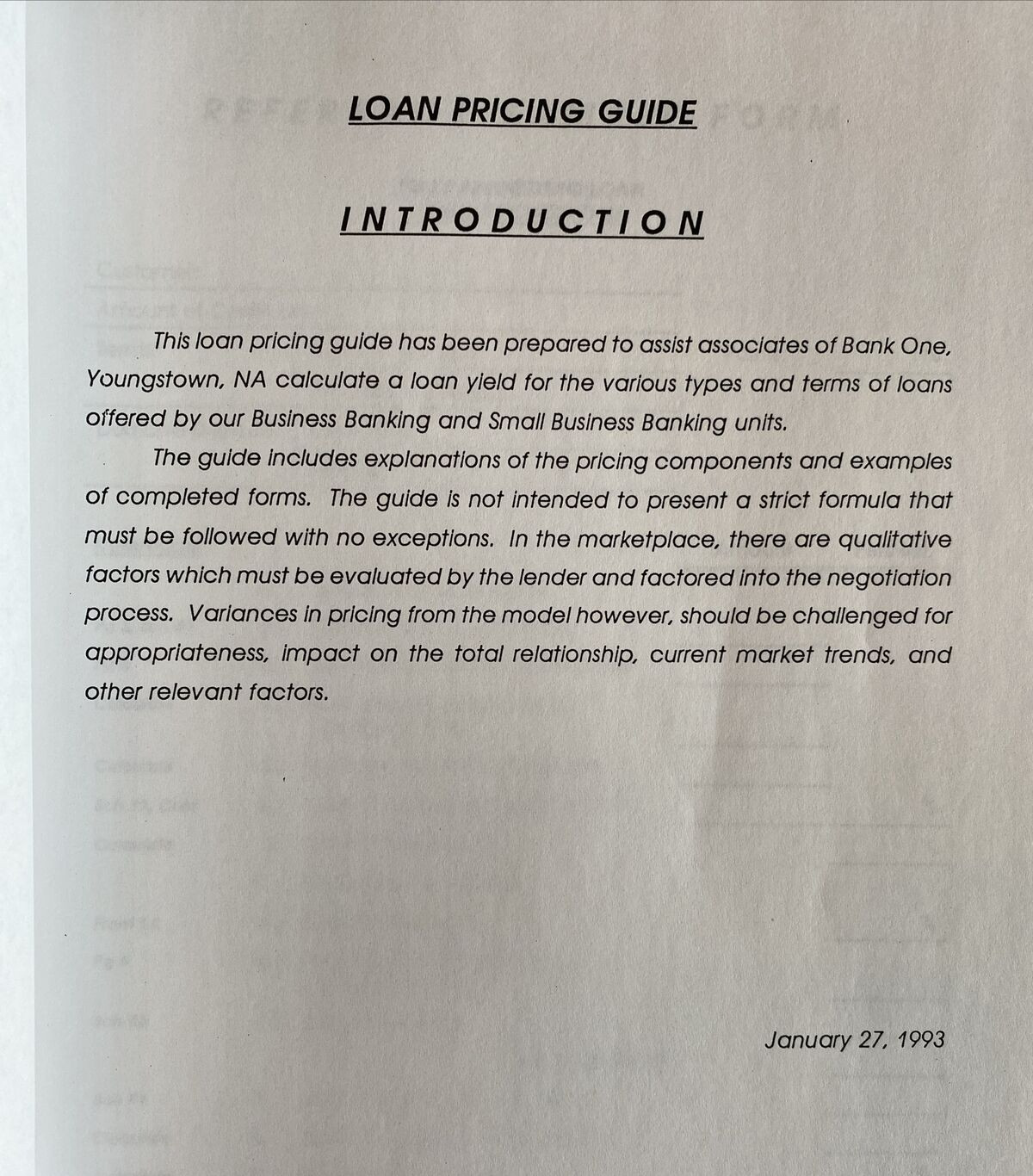Vtg “Loan Pricing Guide” Bank One, Youngstown, OH January 1993, 32pgs