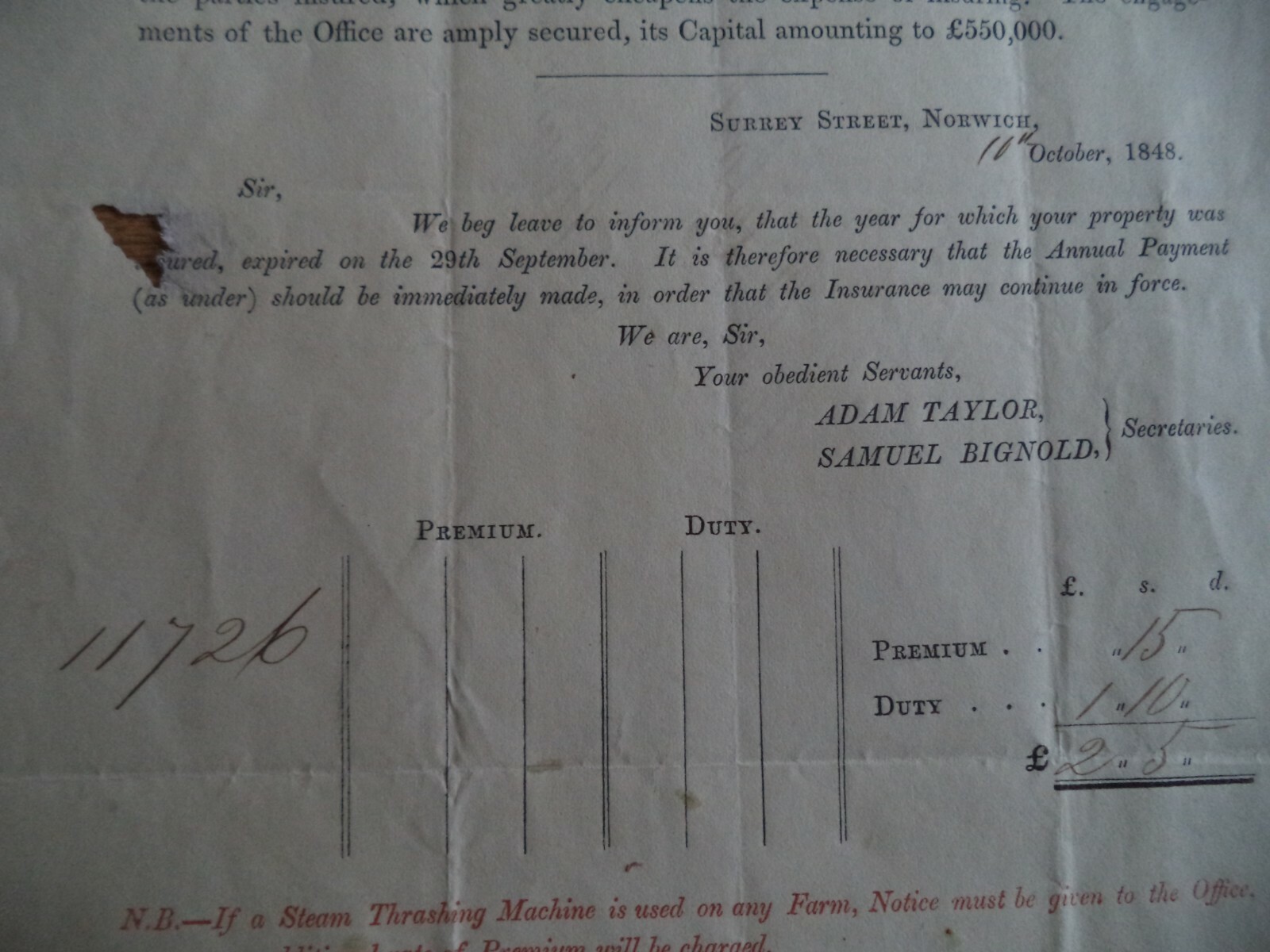 1848 Norwich Union Fire Insurance Society Old Original Vintage Memorabilia P24