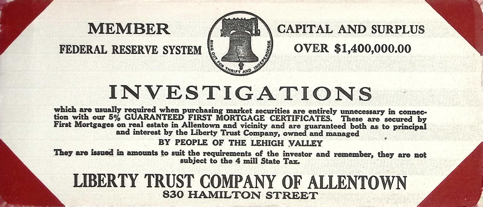 Vintage Liberty Trust Company of Allentown PA Advertising Card Early 1900s