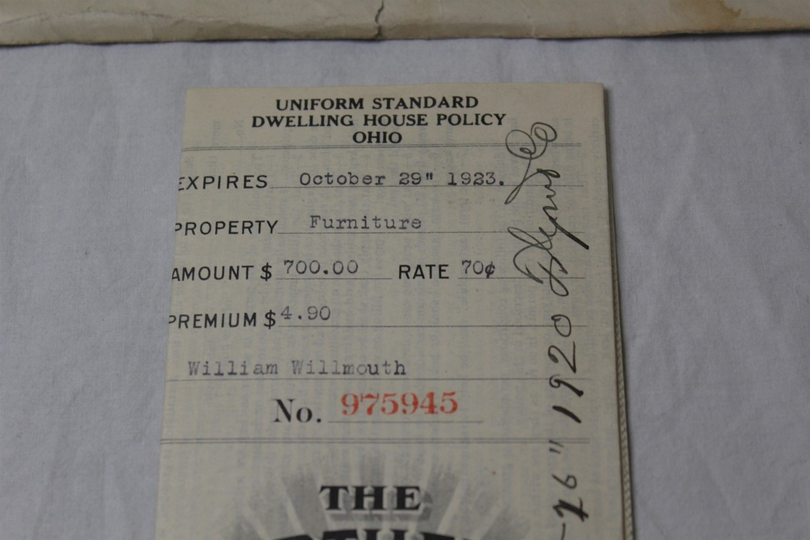 1920 Insurance Policy The Northern Assurance Co w/ Original Envelope Antique