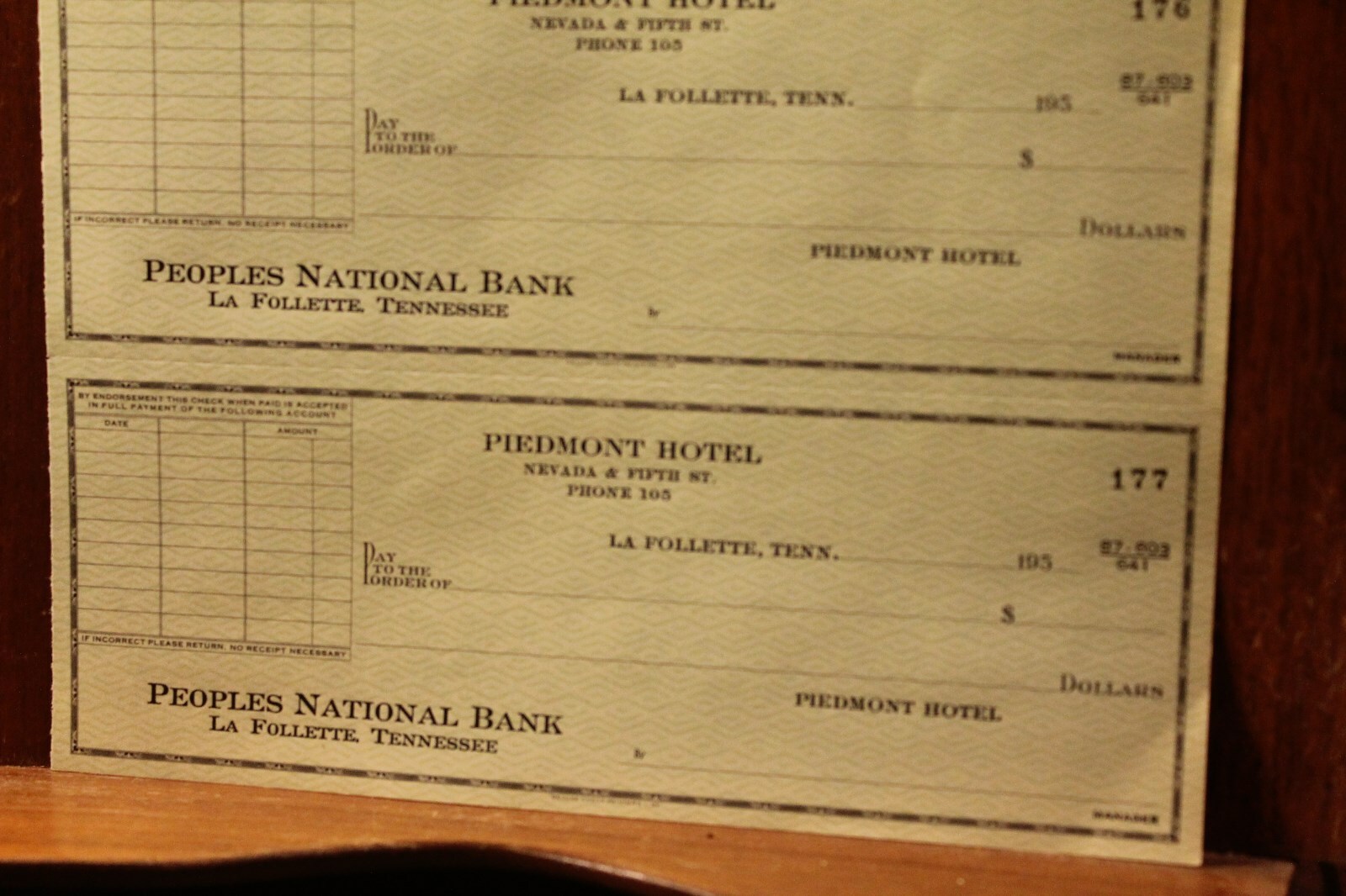 1950s Unused Check Sheet Piedmont Hotel LaFollette TN Peoples Bank Nevada 5th St
