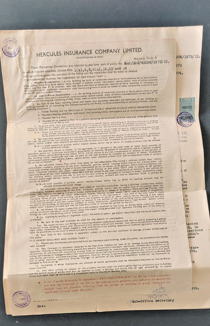 1974HERCULES INSURANCE CO LTD AUTOGRAPH SIGN fire Policy document vignette India