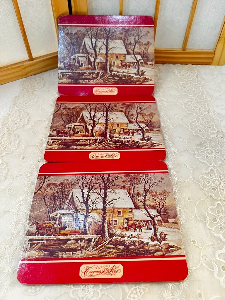 Vintage South Boston Savings Bank Christmas Large Coaster Hot Pads Currier Ives