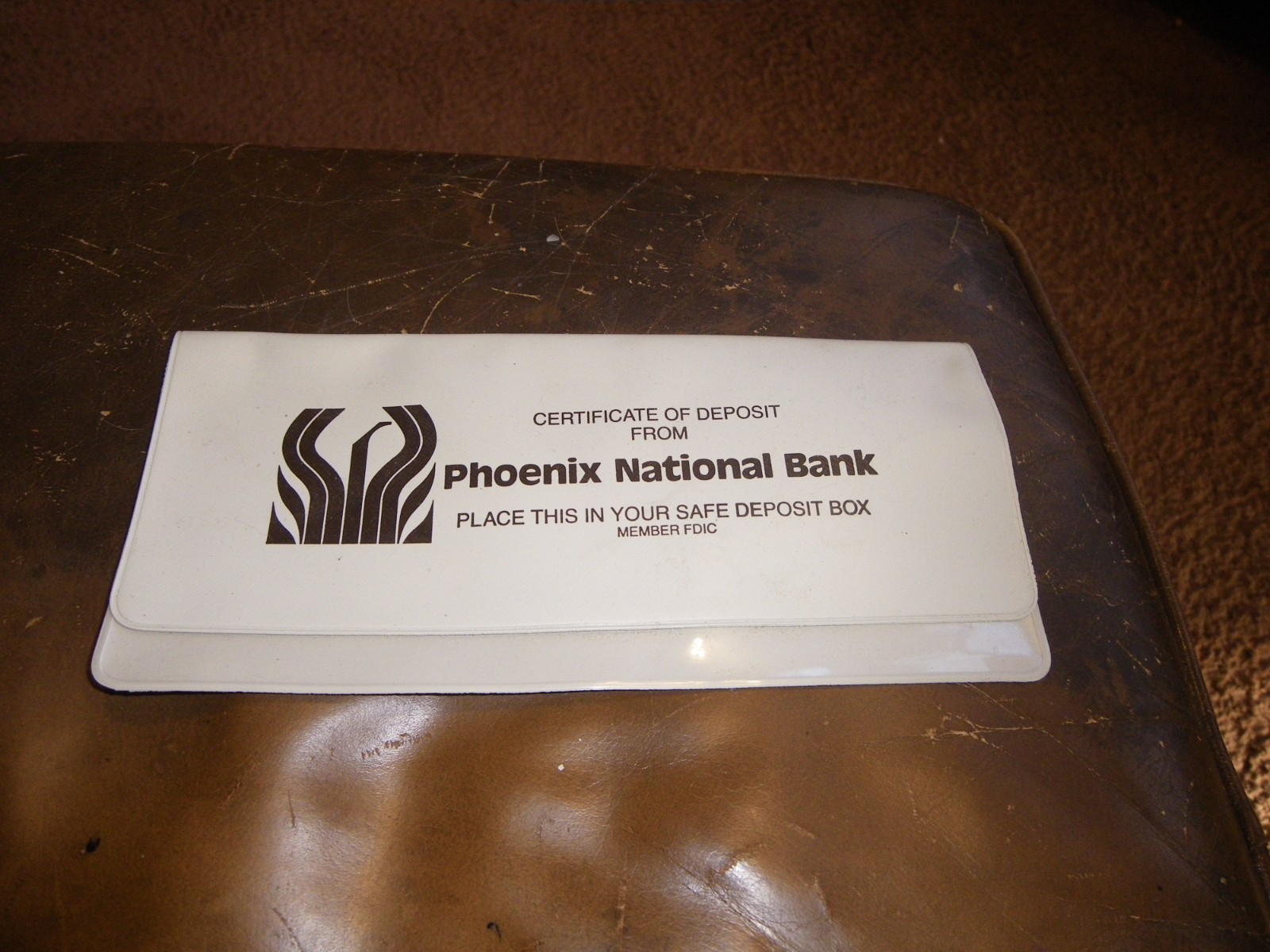 Vintage 1980’s Certificate of Deposit Phoenix National Bank Plastic Envelope