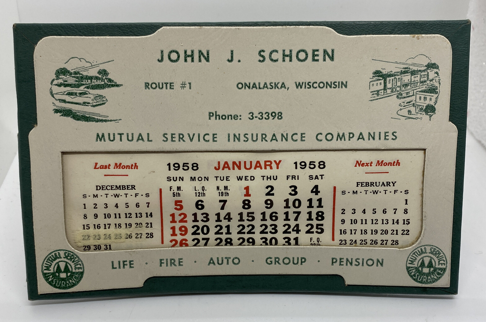 Onalaska Wisconsin JOHN SCHOEN Mutual Insurance 1958 Advertising Calendar Old
