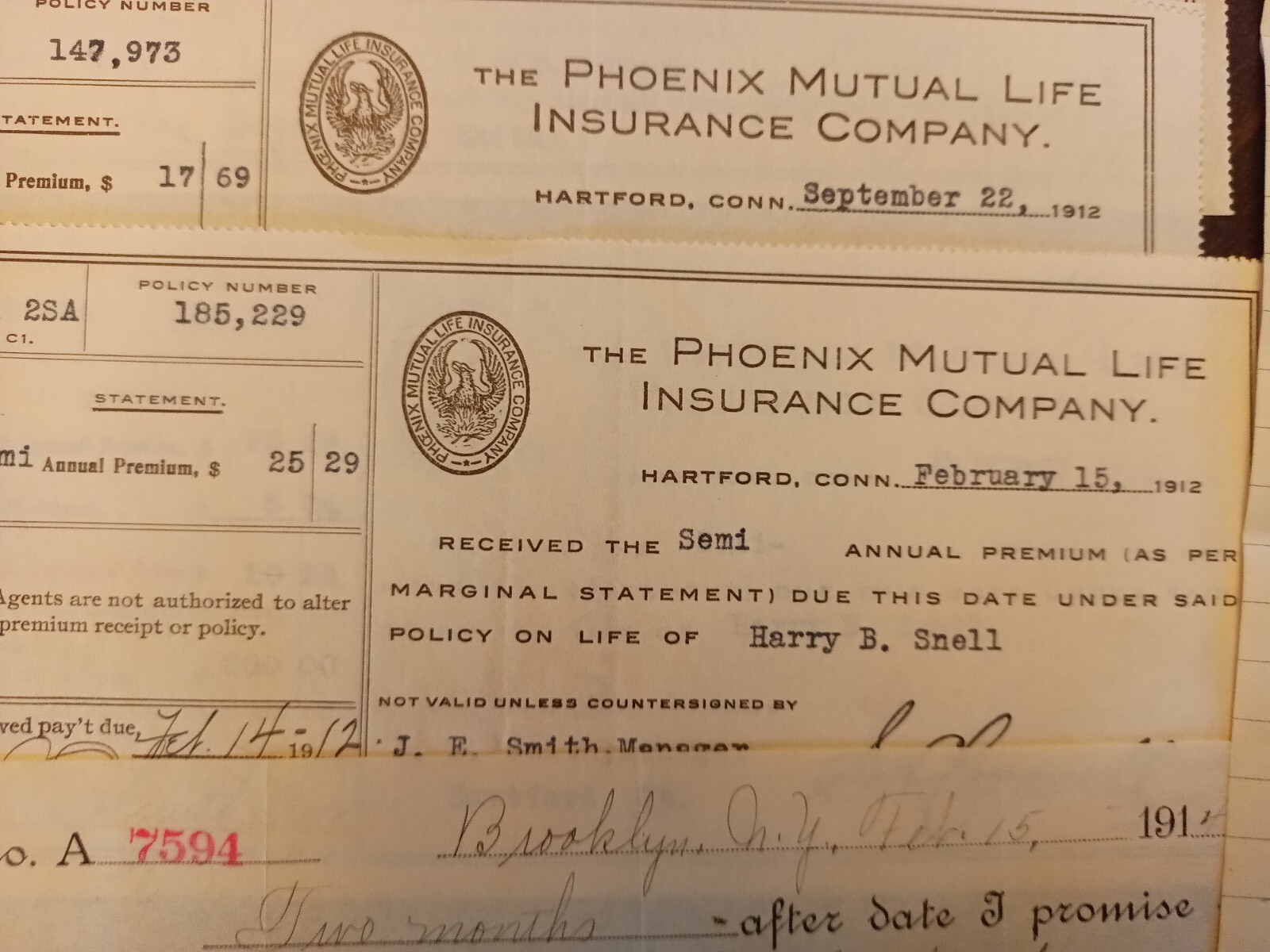 1905 To 1912 Life Insurance Letters Receipts Phoenix Mutual Prudential Fire…