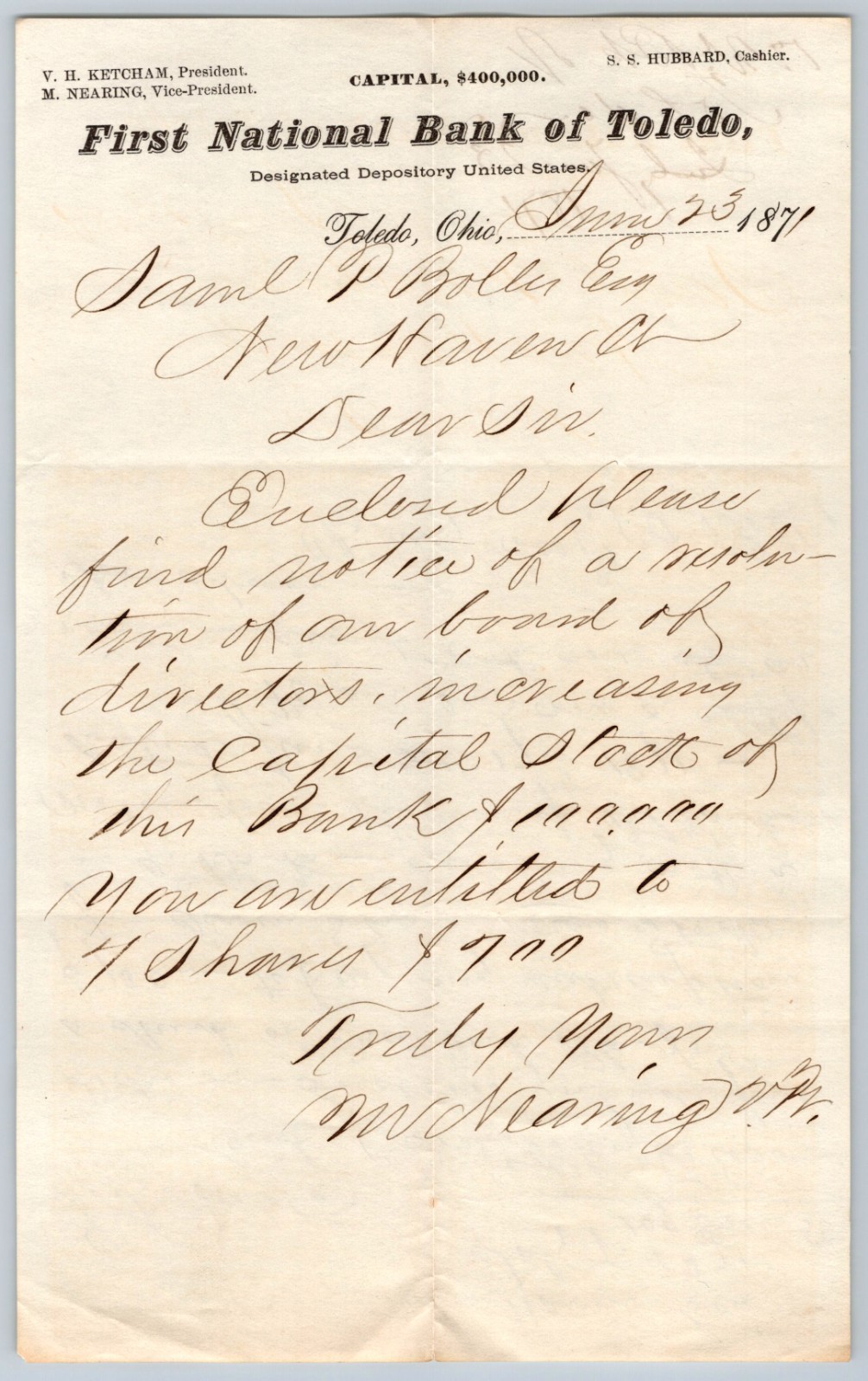 1871 letter 1st National Bank TOLEDO OHIO MARS NEARING/ SAMUEL BOLLES bank stock
