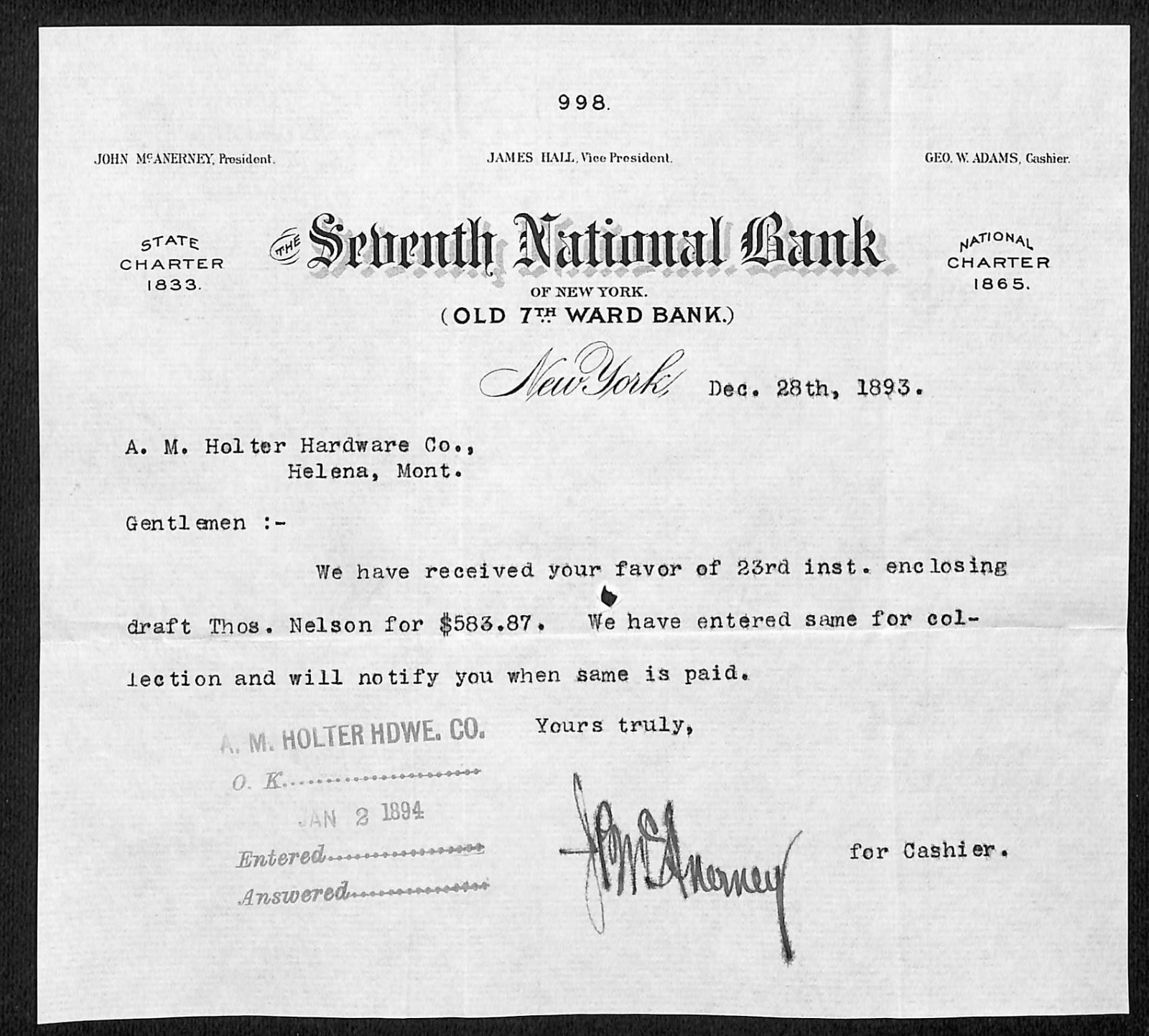 Seventh National Bank New York 1893 TLS Receipt Letterhead A.M. Holter* (#17)