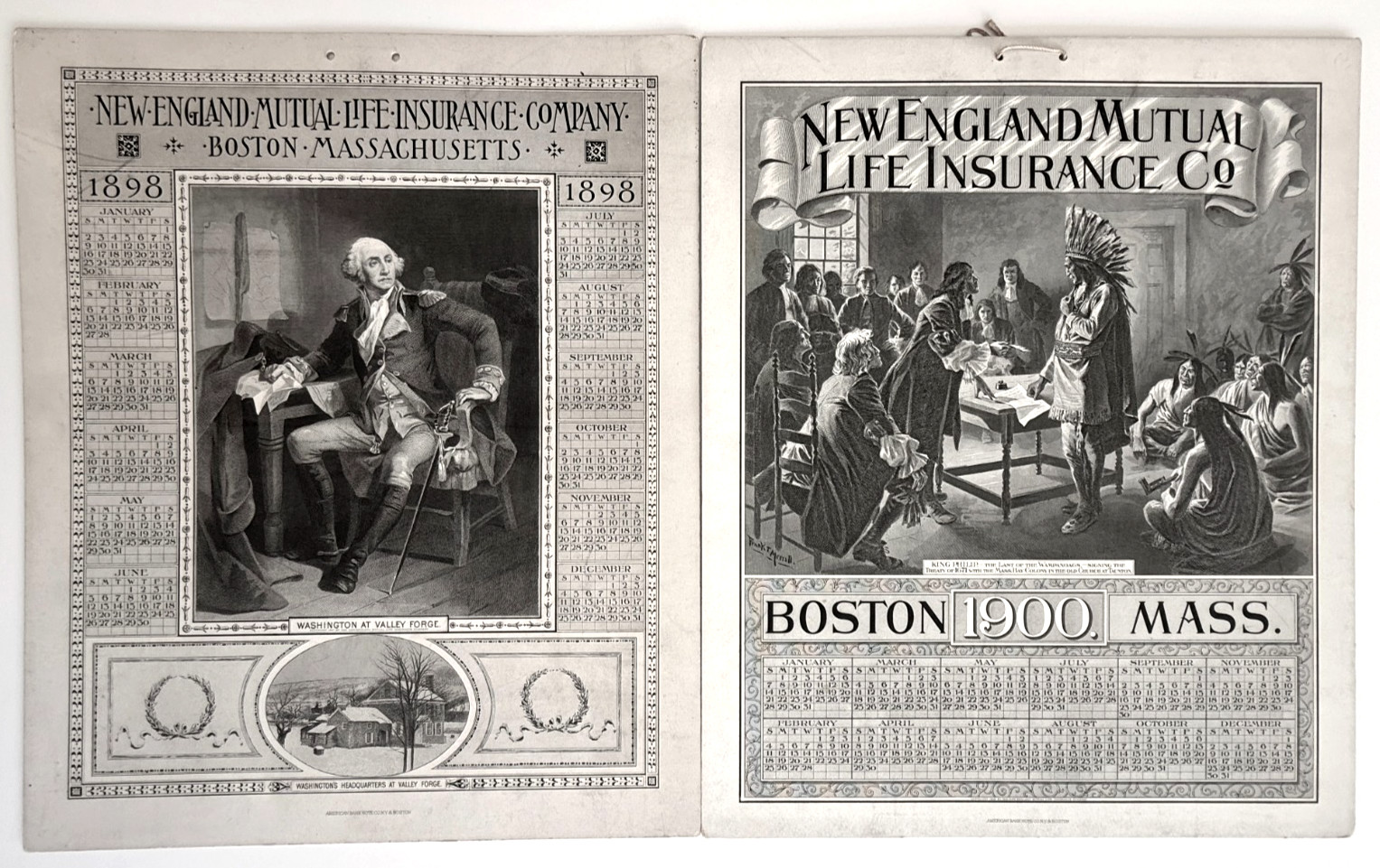1898 NE Mutual Life Insurance Calendars Washington and King Philip Boston