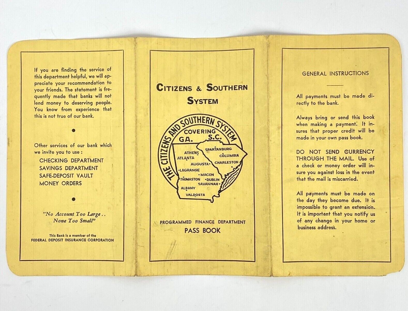 1942 Citizens & Southern Bank Pass Book Finance Dept. Georgia & S. Carolina VTG