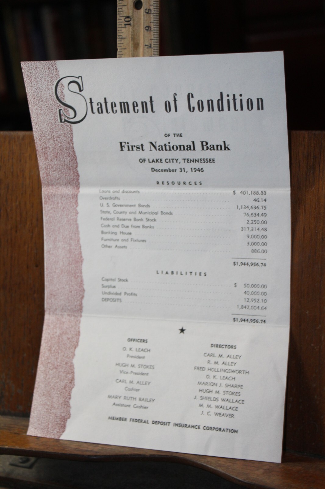 December 31 1946 First National Bank Lake City, Tennessee Statement of Condition