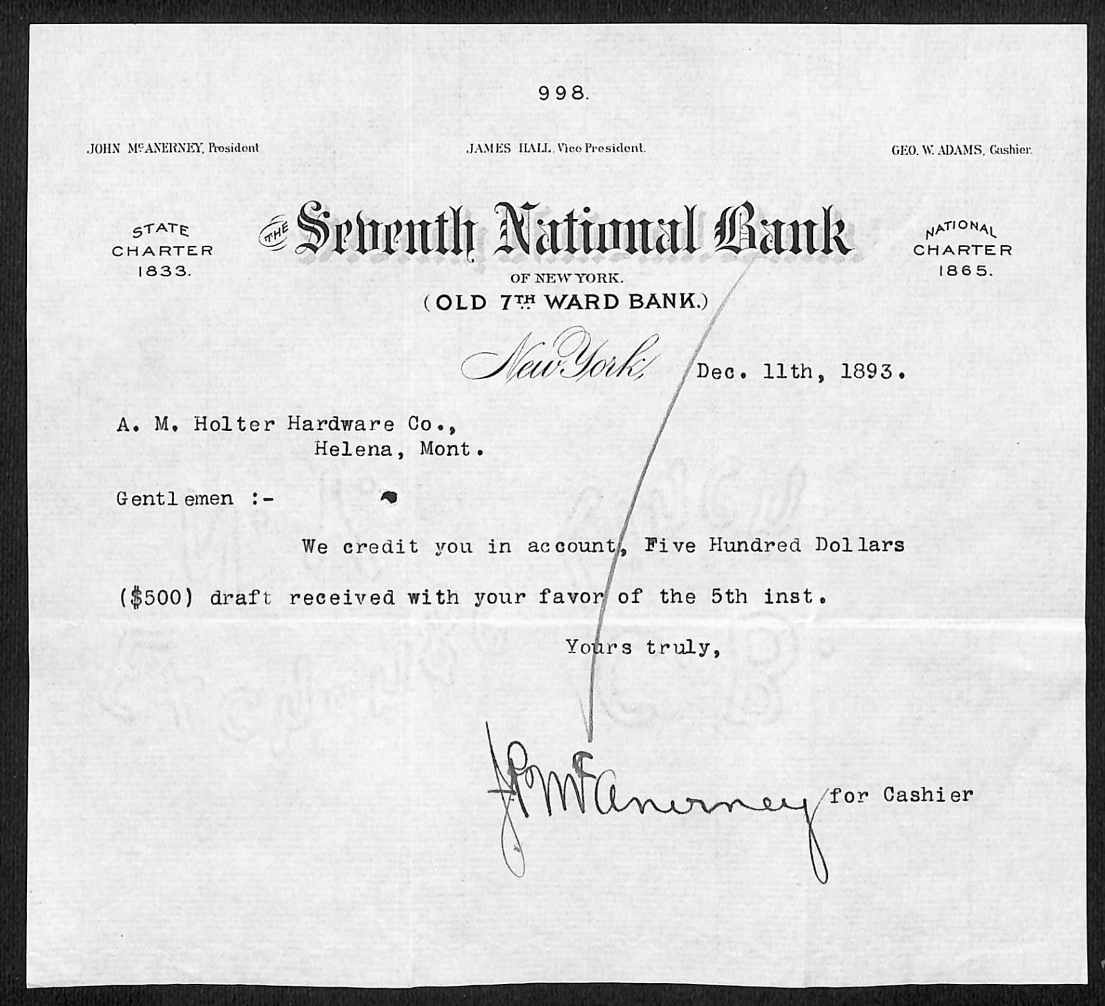 Seventh National Bank New York 1893 TLS Receipt Letterhead A.M. Holter* (#1)