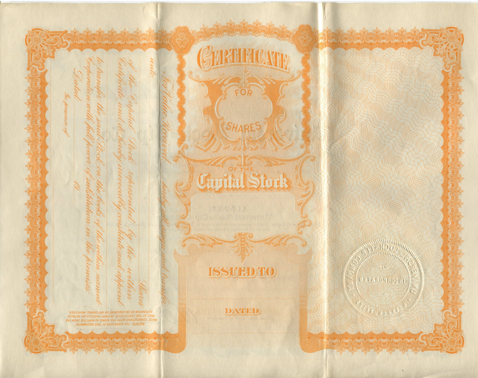 vintage 1920’s Universal Lock=Tip Co. stock certificate
