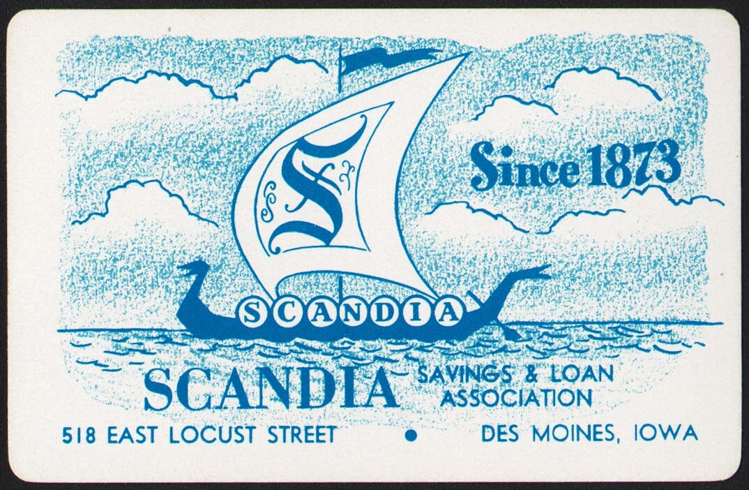 Vintage single playing card SCANDIA SAVINGS and LOAN blue Viking ship Des Moines